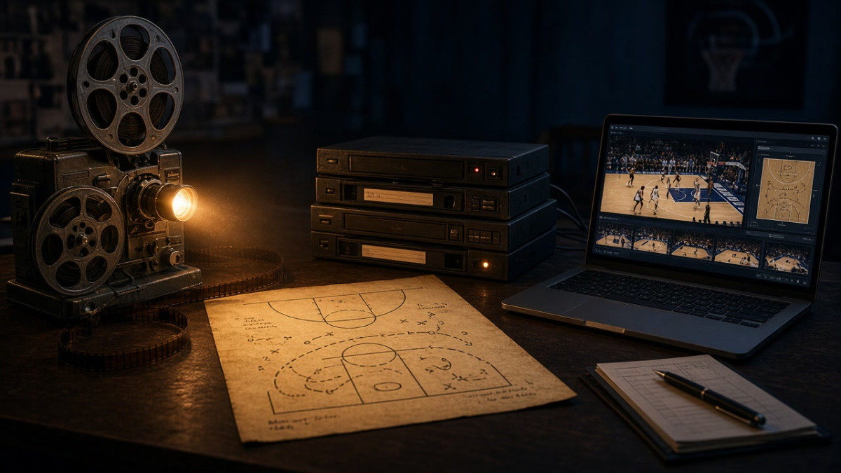 A 16mm projector, VHS decks and modern basketball video analysis laptop showing the history of game film