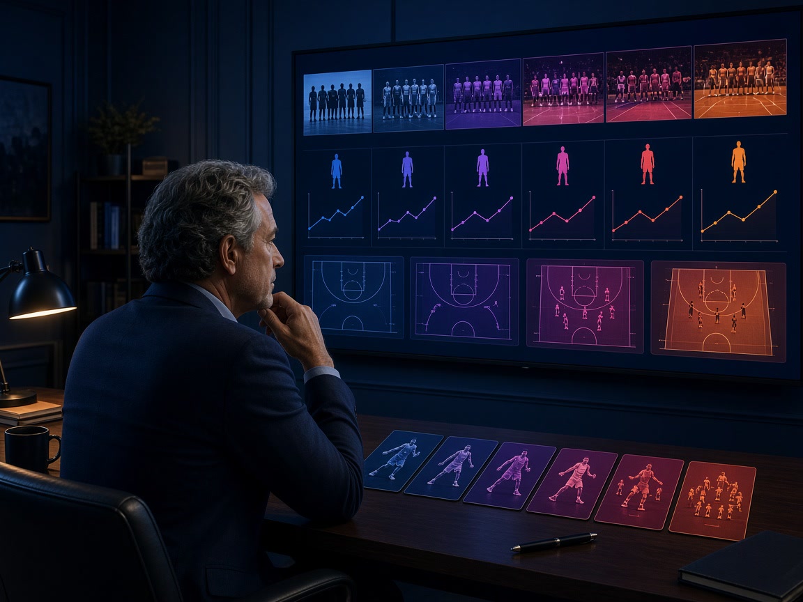 A basketball program director reviewing connected teams and season histories