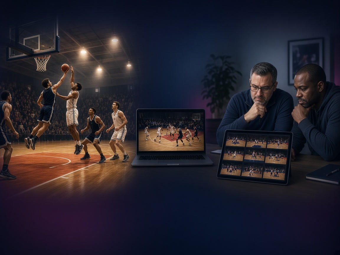 A Friday basketball game transitioning into an organized Sunday coaches film session