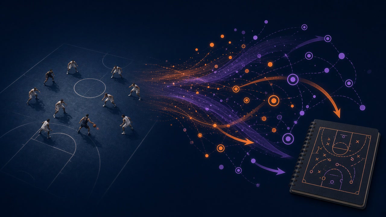 Basketball game action flowing into data patterns and a coach tactical notebook