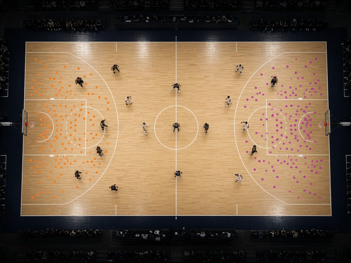 An overhead basketball court showing shot locations for both teams