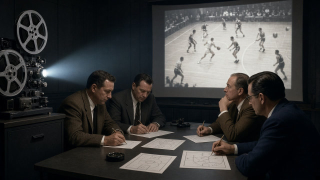 Basketball coaches studying 16mm game film and handwritten court diagrams