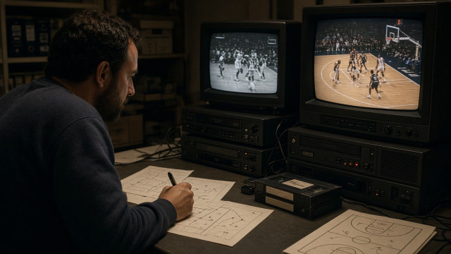 A basketball video coordinator editing scouting footage with VHS decks and CRT monitors