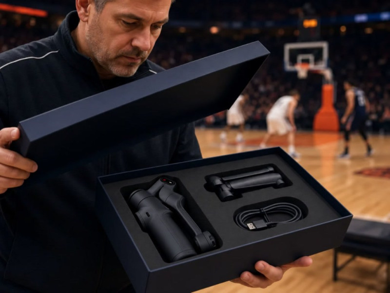 Coach opening a box containing a gimbal, tripod, and charging cable