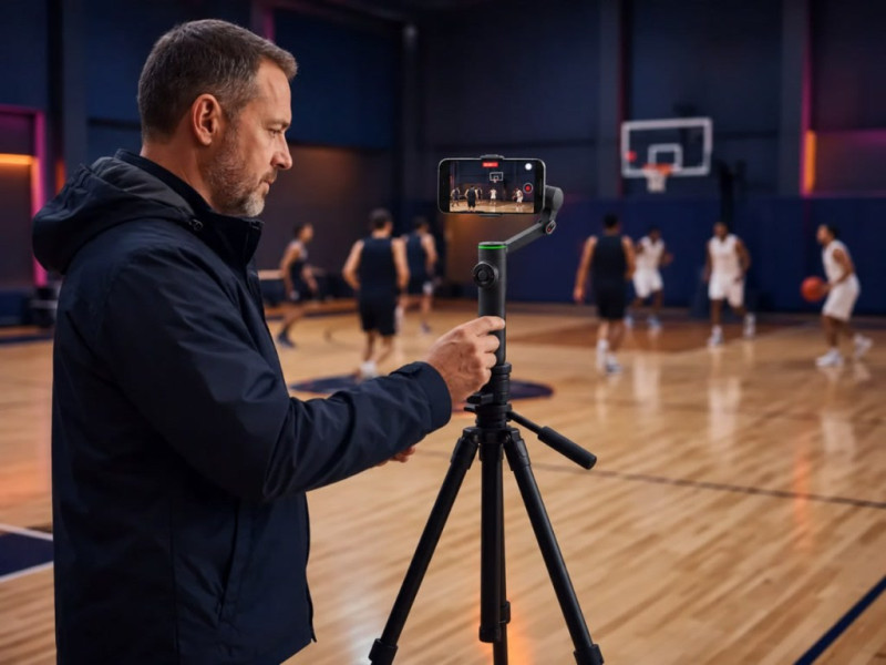 Coach setting up a Playtics smartphone gimbal on a courtside tripod