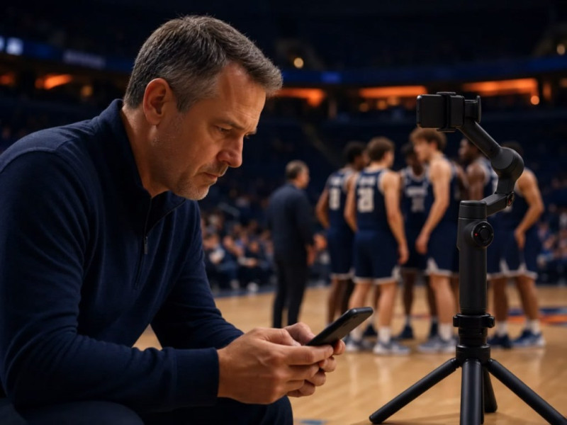 Coach reviewing a phone beside a Playtics gimbal during a basketball game