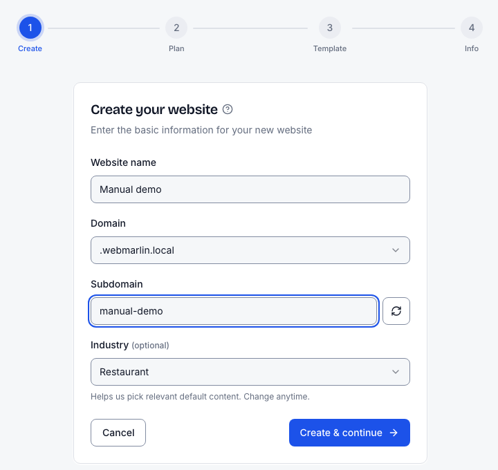 Step 1 of the wizard: name, free subdomain and industry