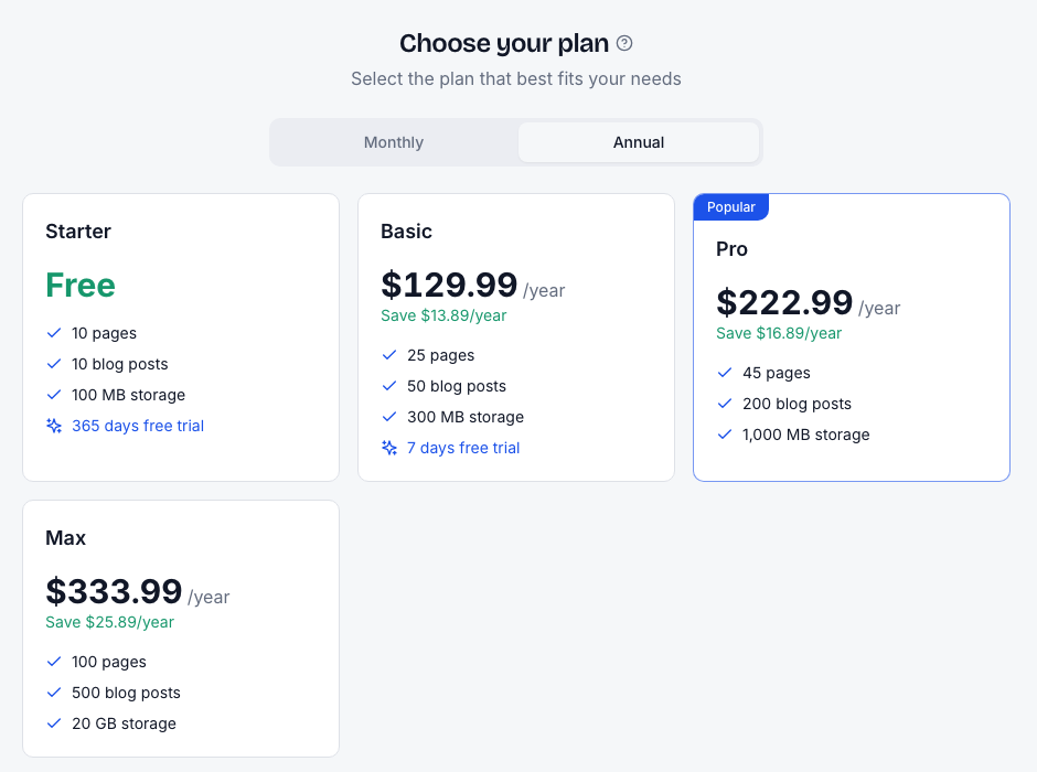 Step 2: pick a plan; Annual shows the yearly saving