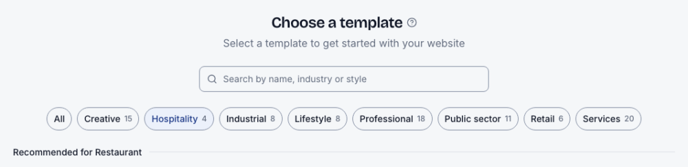 Step 3: search or filter templates; the selected card has a blue frame