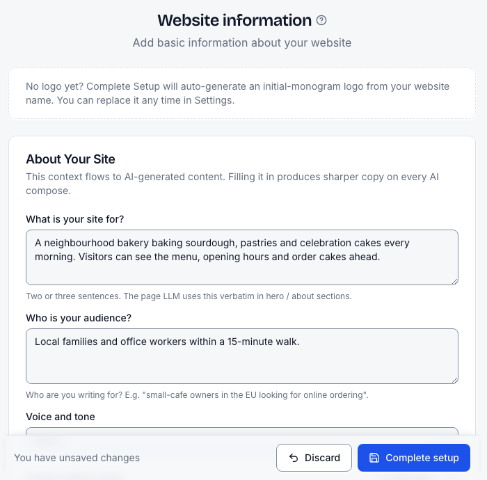 Step 4: the About Your Site answers feed every AI compose