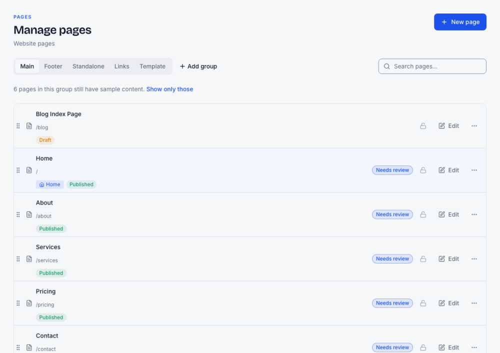 Pages: every pre-written page shows Needs review until you edit it