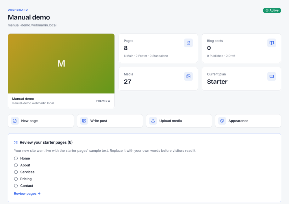 The dashboard: counts, quick actions and the starter-page review list