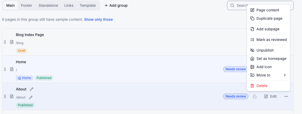 The page menu: duplicate, add a subpage, unpublish, set as homepage, move or delete