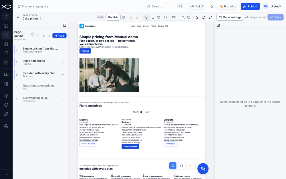 The editor: outline on the left, live page in the middle, settings on the right