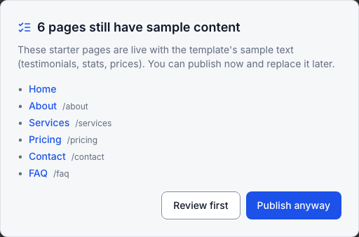 Publishing with sample content still on some pages