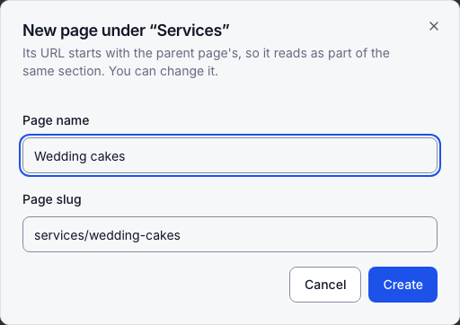 Add subpage suggests a URL under the parent page