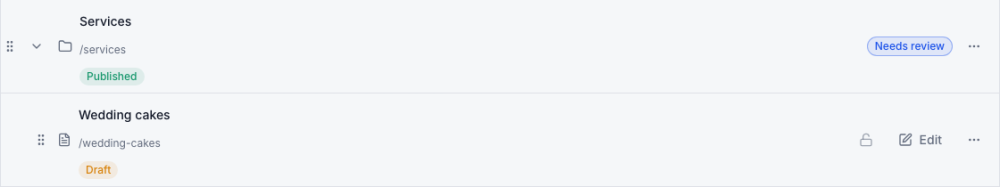 The subpage sits under its parent; the parent shows a folder icon and a collapse arrow