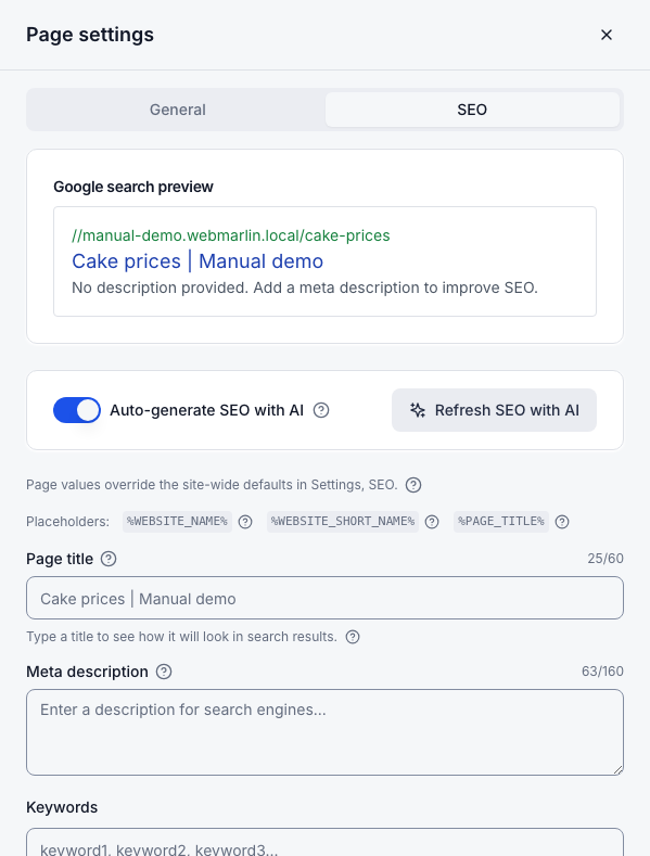 Page settings, SEO: search preview, AI auto-generate, title and description