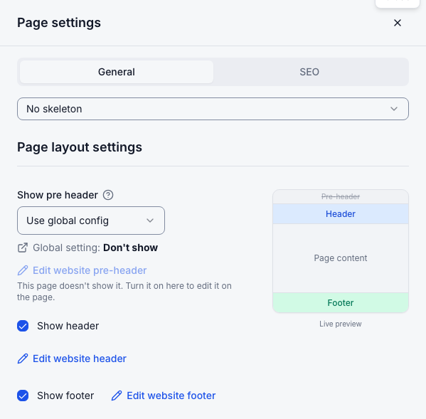 Page settings, General: show or hide the pre-header, header and footer