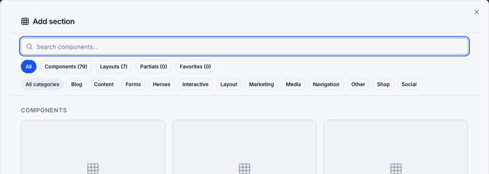 The section library: 79 components, layouts and your saved partials