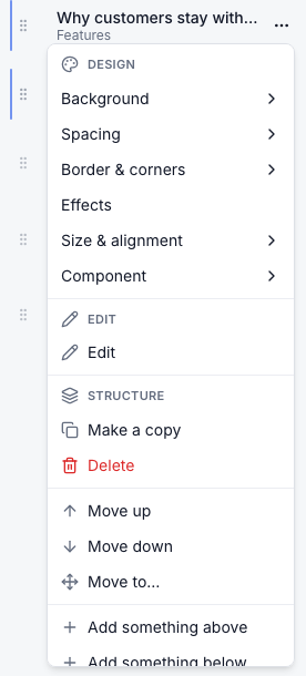 Section menu: design, copy, delete, move, columns, hide on phones or computers, copy style