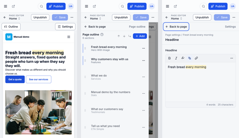 On a phone: the page, the Outline sheet and the Settings sheet