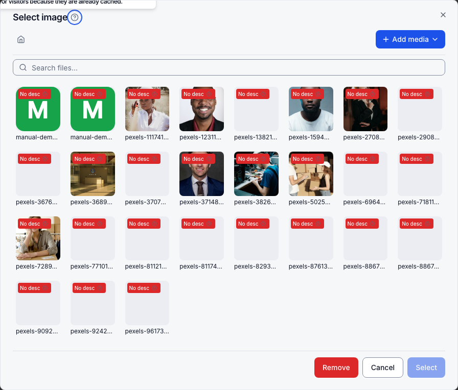 Select image: your library, with Add media for uploads and stock photos