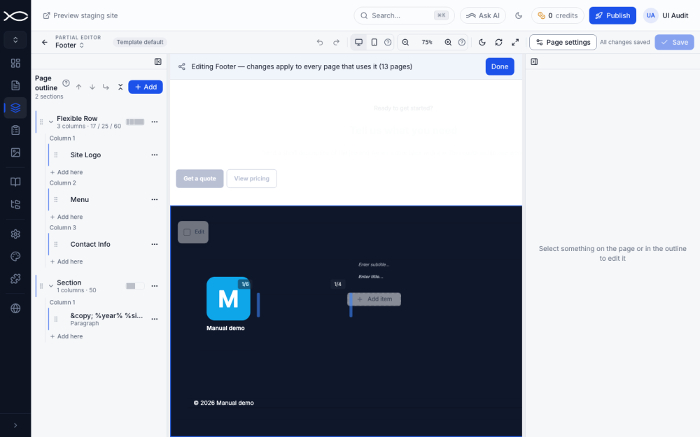 Editing the footer in place: the page is dimmed and the banner counts the pages affected