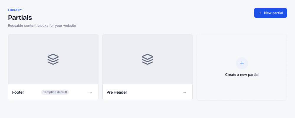 Partials: Footer (still the template default), Pre Header and New partial
