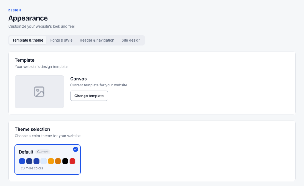 Appearance, Template & theme: the current template and its colour themes