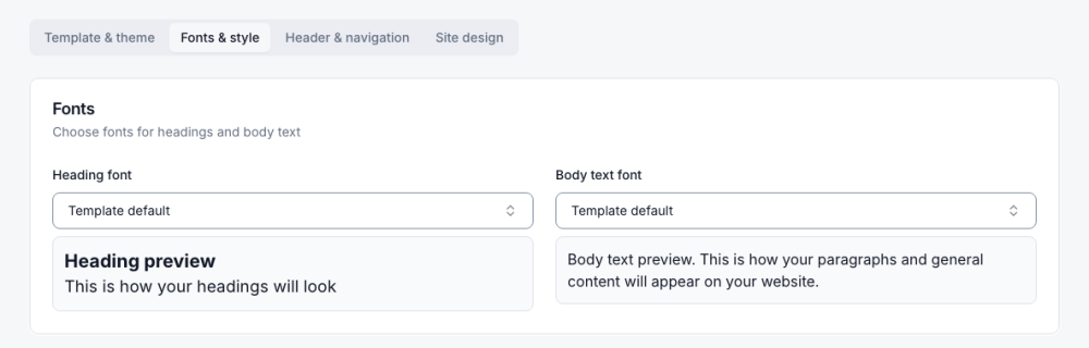 Heading and body fonts with a live preview