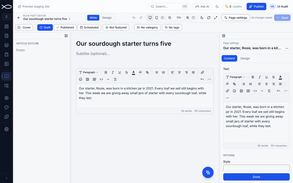 Write view: the article on the left, its settings on the right; the bar above sets cover, status, featured, category and tags