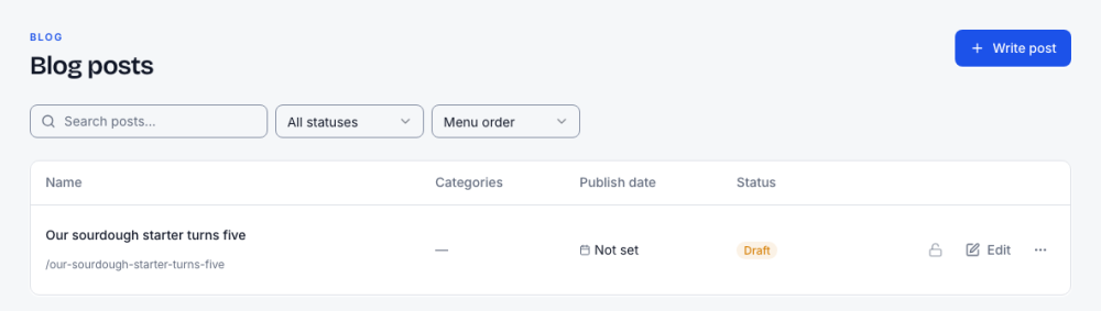 Blog posts: search, filter by status, sort; the list shows categories, publish date and status