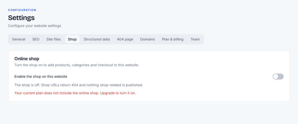 Settings, Shop: the switch that turns the online shop on