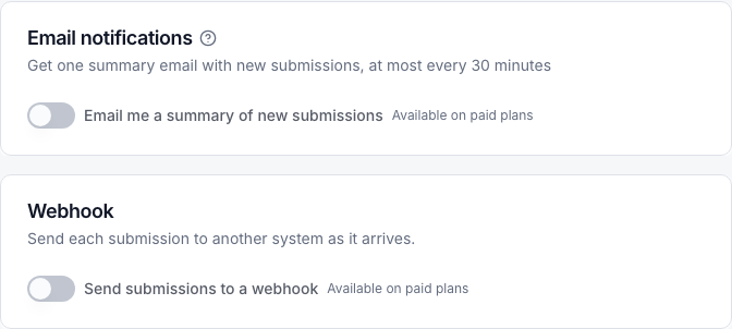 Email summaries and webhooks are available on paid plans
