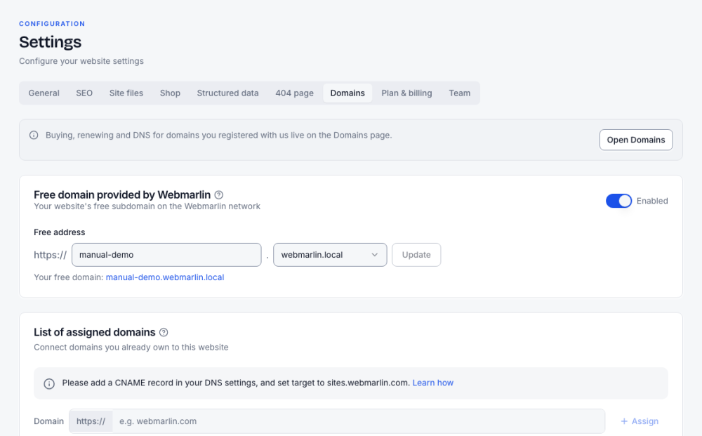 Settings, Domains: the free address, and connecting a domain you own
