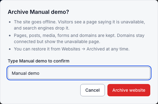 Archiving asks you to type the site name