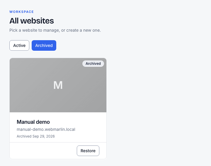 Archived sites keep a Restore button