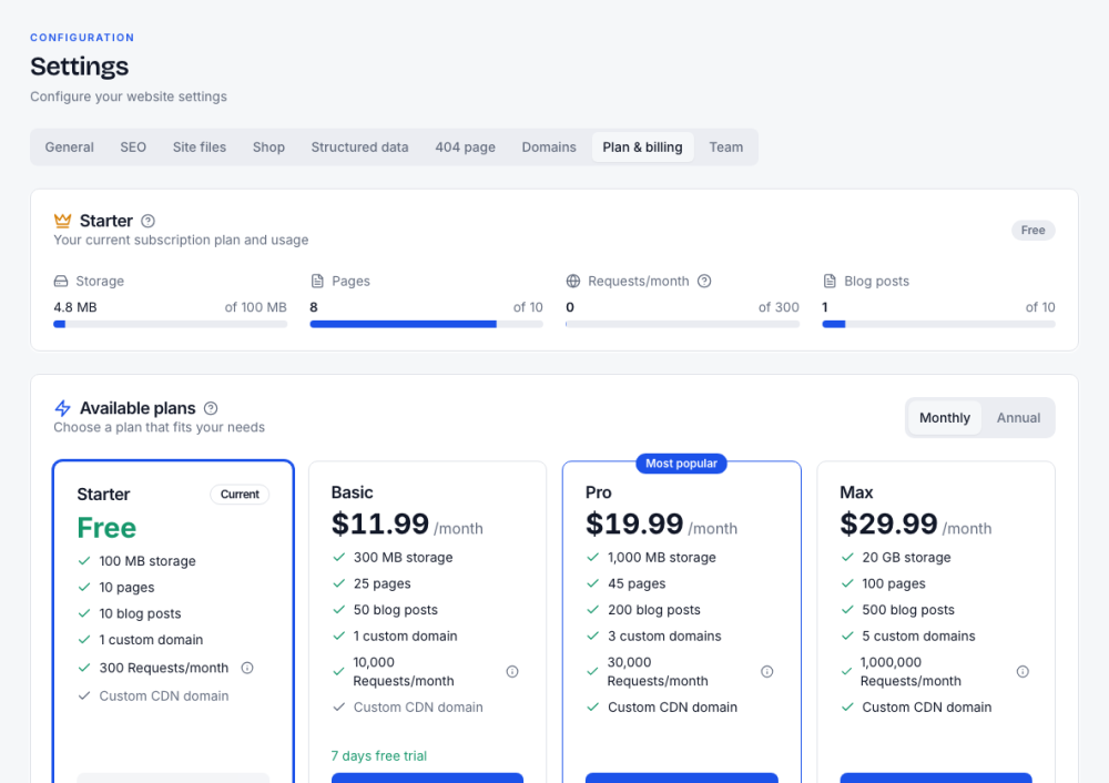 Plan & billing: usage bars and the four plans