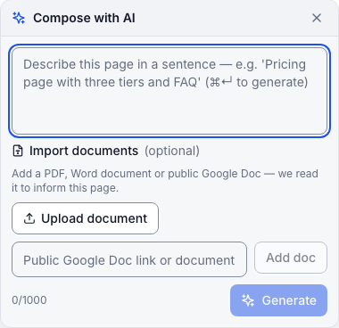 Compose with AI: one sentence, plus optional documents