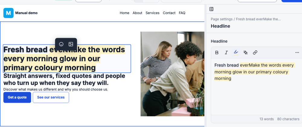 Edit with AI on the hero: "Make the words every morning glow in our primary colour"