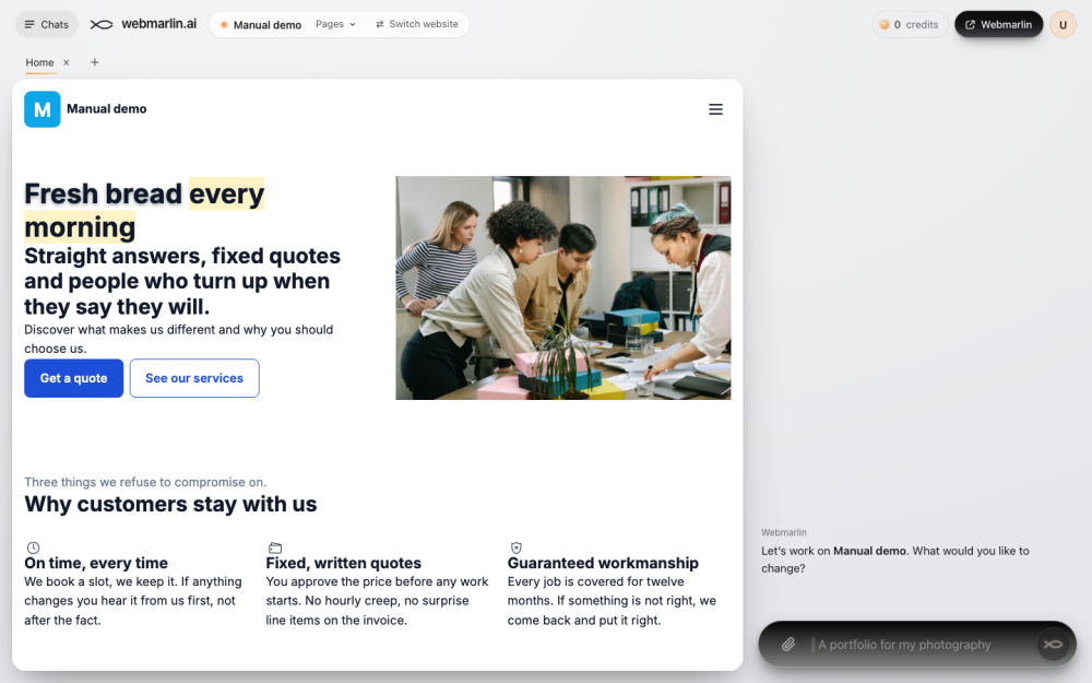 webmarlin.ai: the site on the left, the chat on the right