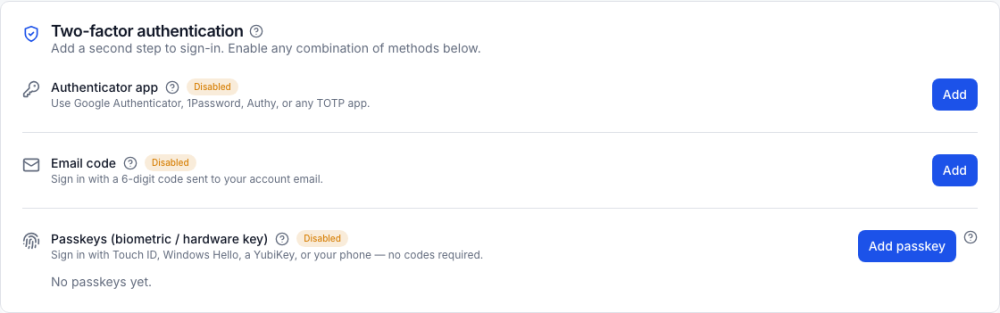 Two-factor authentication: authenticator app, email code and passkeys