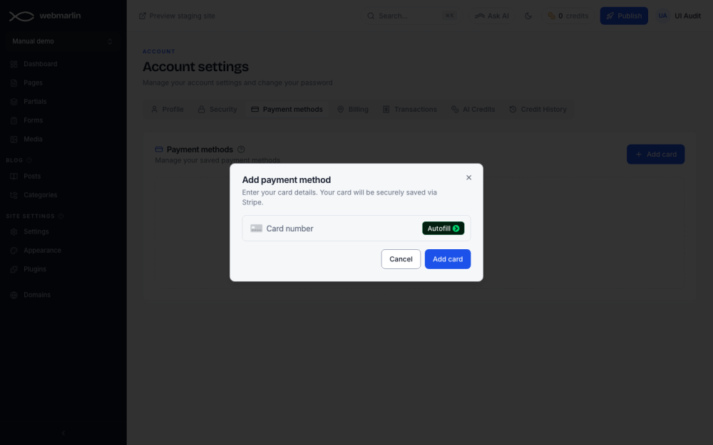 Add payment method: a secure Stripe card form
