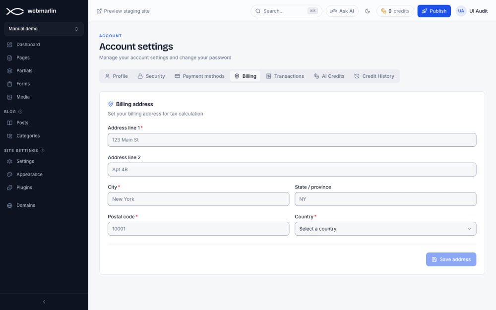 Billing address for tax calculation