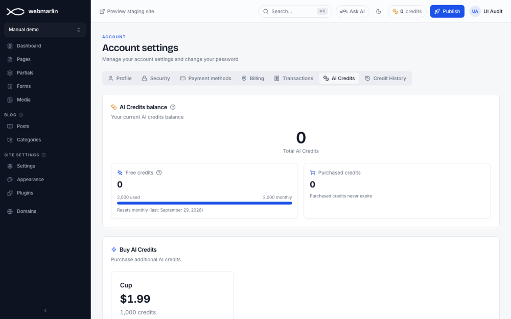 AI Credits: the total, free monthly credits and purchased credits
