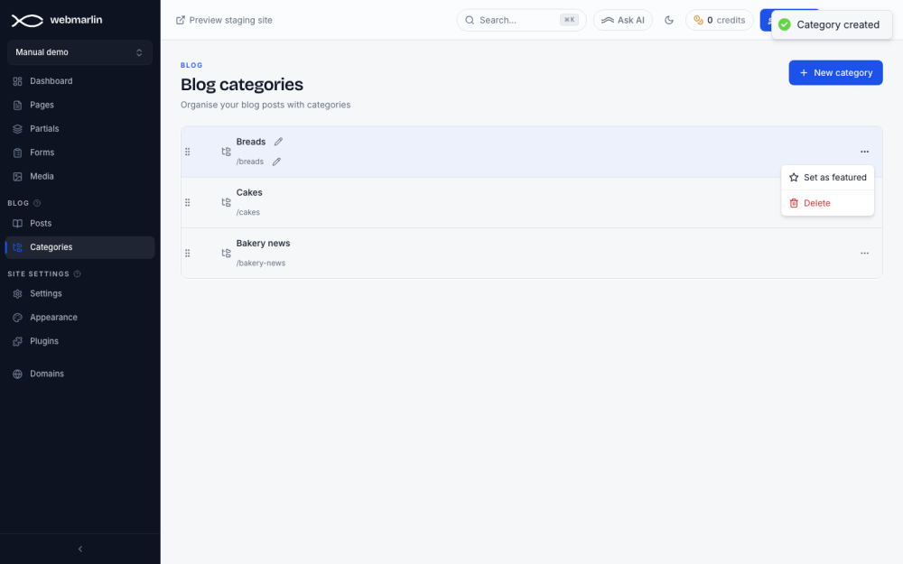 Blog categories: rename with the pencils, drag to reorder, more in the ⋯ menu