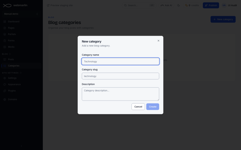 New category: name, slug and an optional description