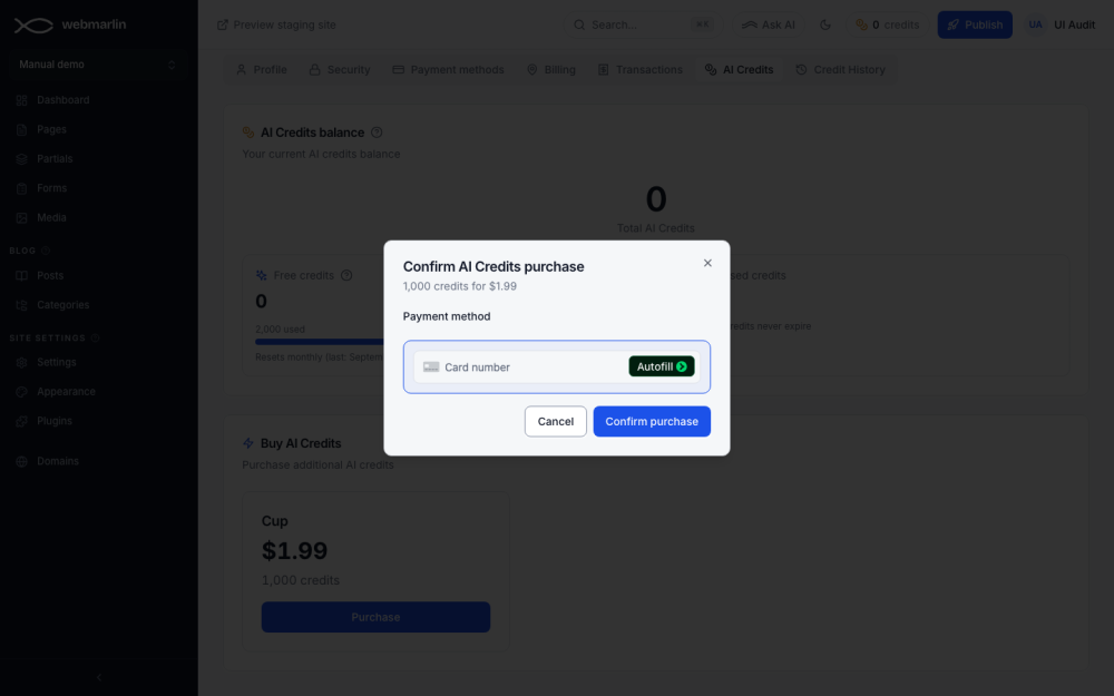 Confirm AI Credits purchase: the pack, its price and the card to charge