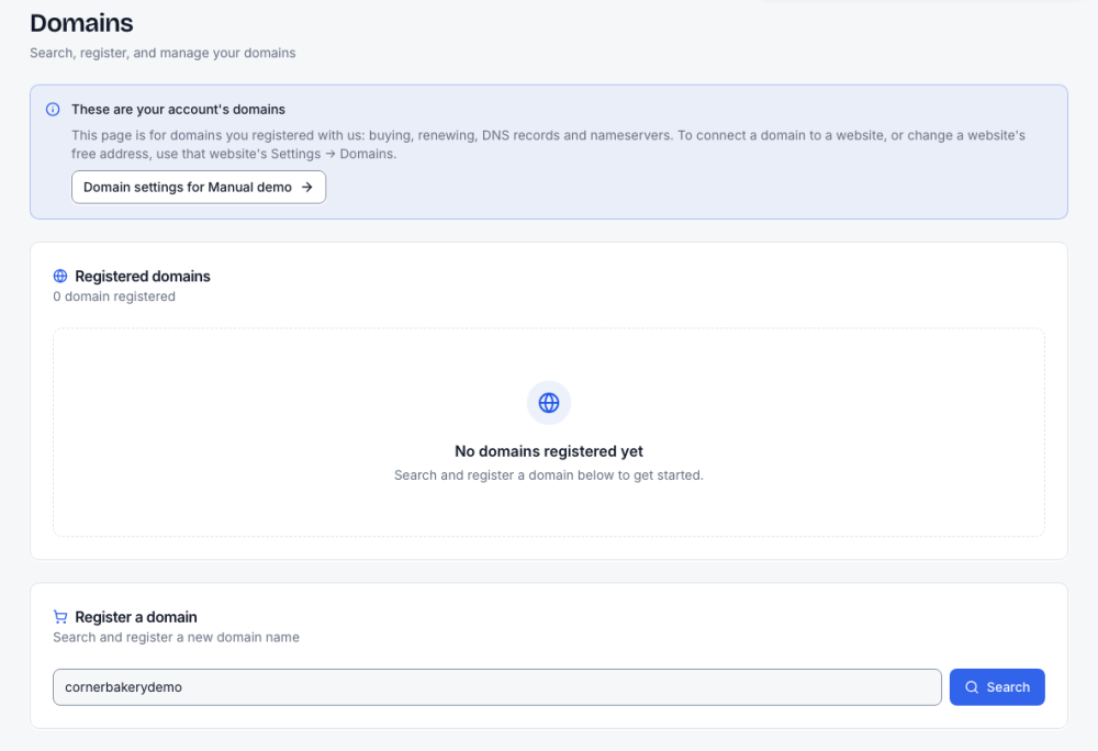 Domains: your registered domains and the search to buy more